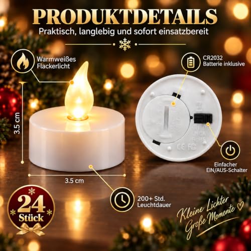 Detalle de CNMTCCO 24 Stück LED-Teelichter, flammenlos, mit CR2032 Batterie, 200+ Stunden Laufzeit – sicher für Weihnachten, Hochzeit & Party