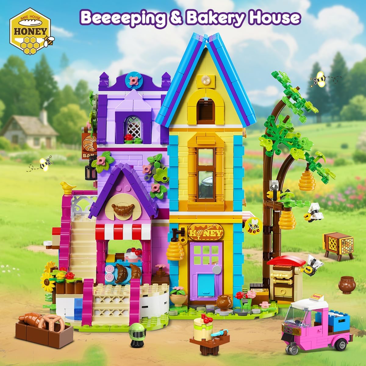 Thumbnail 6 de HOGOKIDS Bienenhaus & Bäckerei Haus Bauspielzeug mit LED-Licht – 1084-teilige Backset-Spielwelt