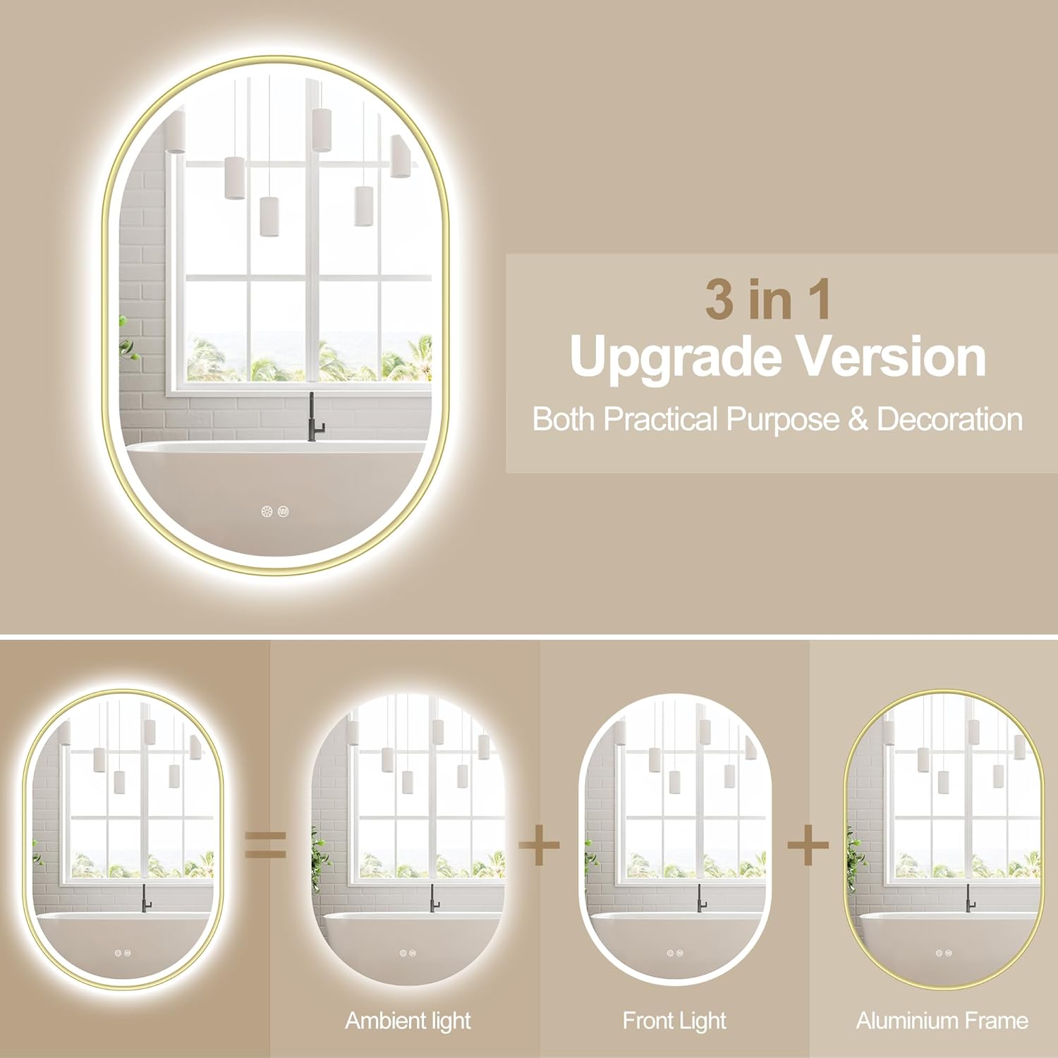 Thumbnail 2 de S'bagno Miroir Salle de Bain avec Éclairage 60x90 cm – Miroir ovalado avec Cadre Aluminium doré, anti-buée, IP44