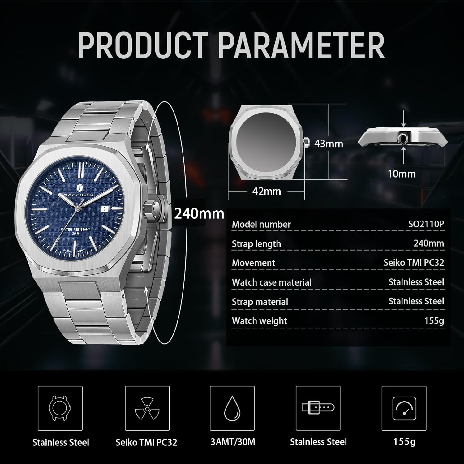 Thumbnail 5 de SAPPHERO Herrenarmanduhr mit Quarzwerk, Edelstahl, 42 mm – Datumkalender, 50 m Wasserdicht
