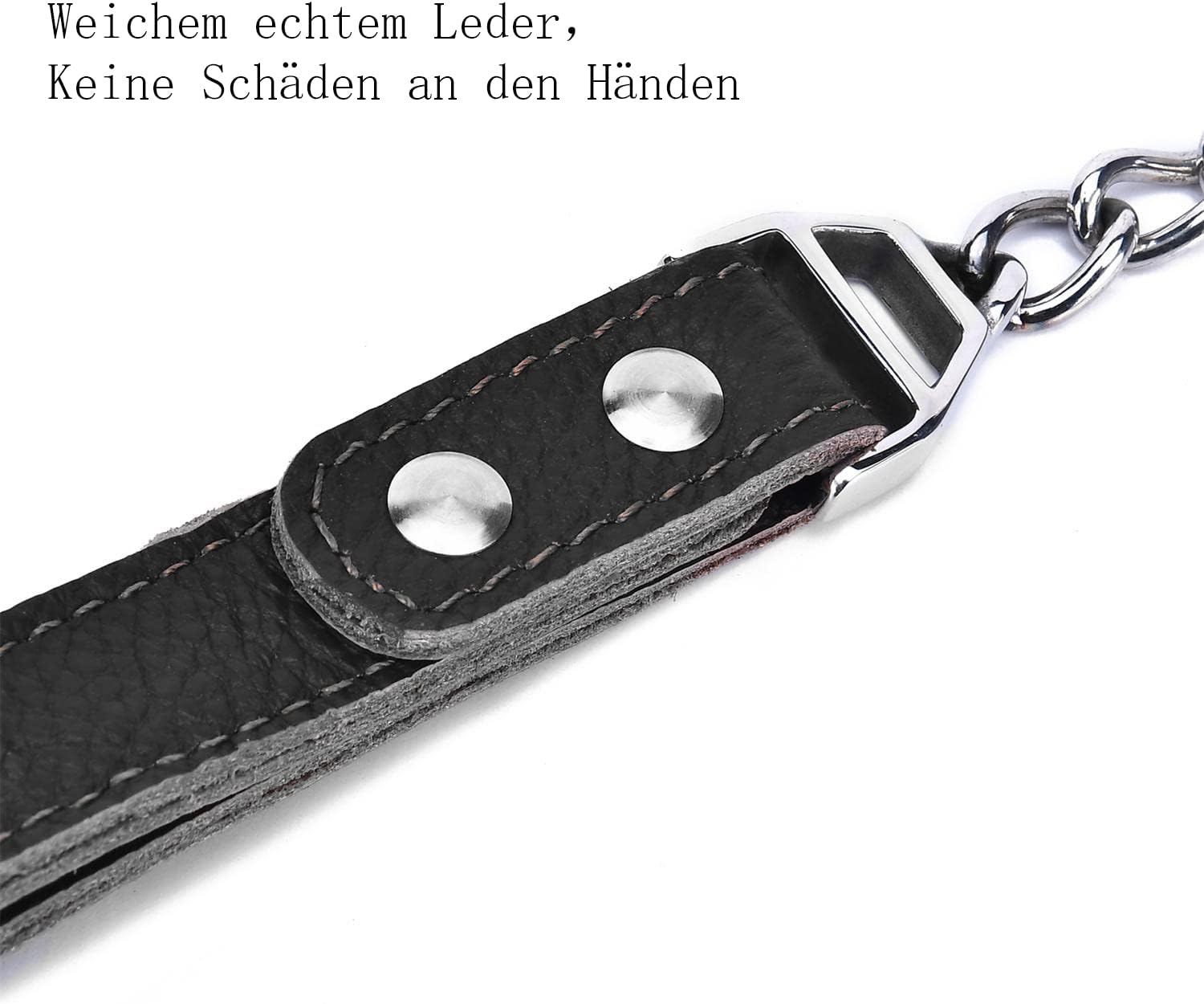 Detalle de YOTHIWAD Hundeleine aus Metall (Edelstahl 316L), Schwerlast-Gehtrainingsleine mit Ledergriff – 120 cm