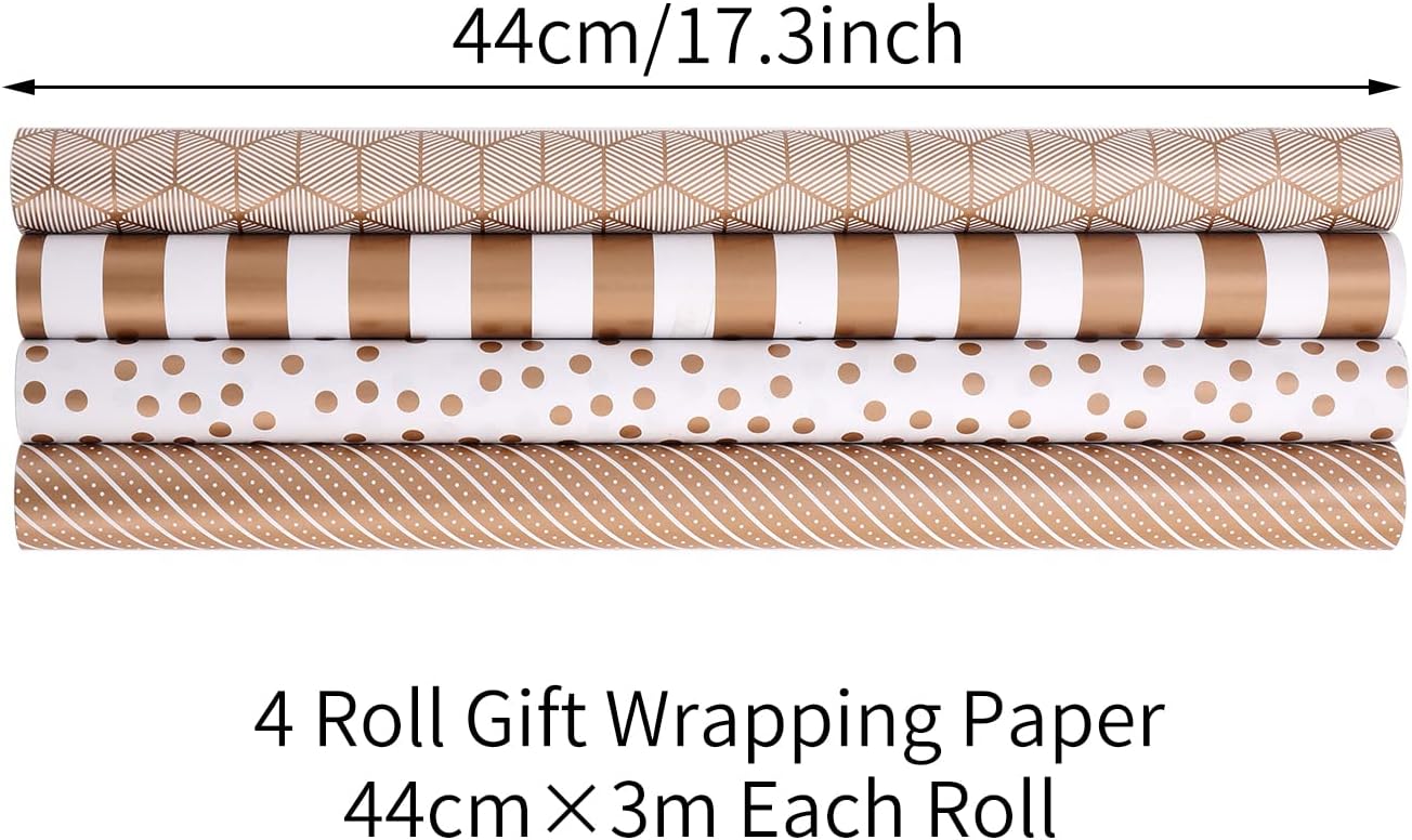 Detalle de HBell Gold Wrapping Paper Roll – 4 Rolls of 44cm x 3m, Striped Dot Gold Gift Wrap for Occasions