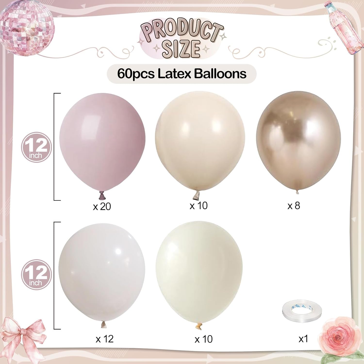 Thumbnail 1 de Dusty Pink Beige Balloons 60 Pcs Set – 12 Inch Pastel Champagne Gold Nude Cream Balloons for Weddings, Bridal Showers, and Baby Showers