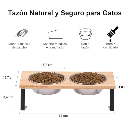Detalle de FUKUMARU Comedero Elevado para Gatos y Cachorros – Cuenco Ajustable en Acero Inoxidable con Soporte de Madera