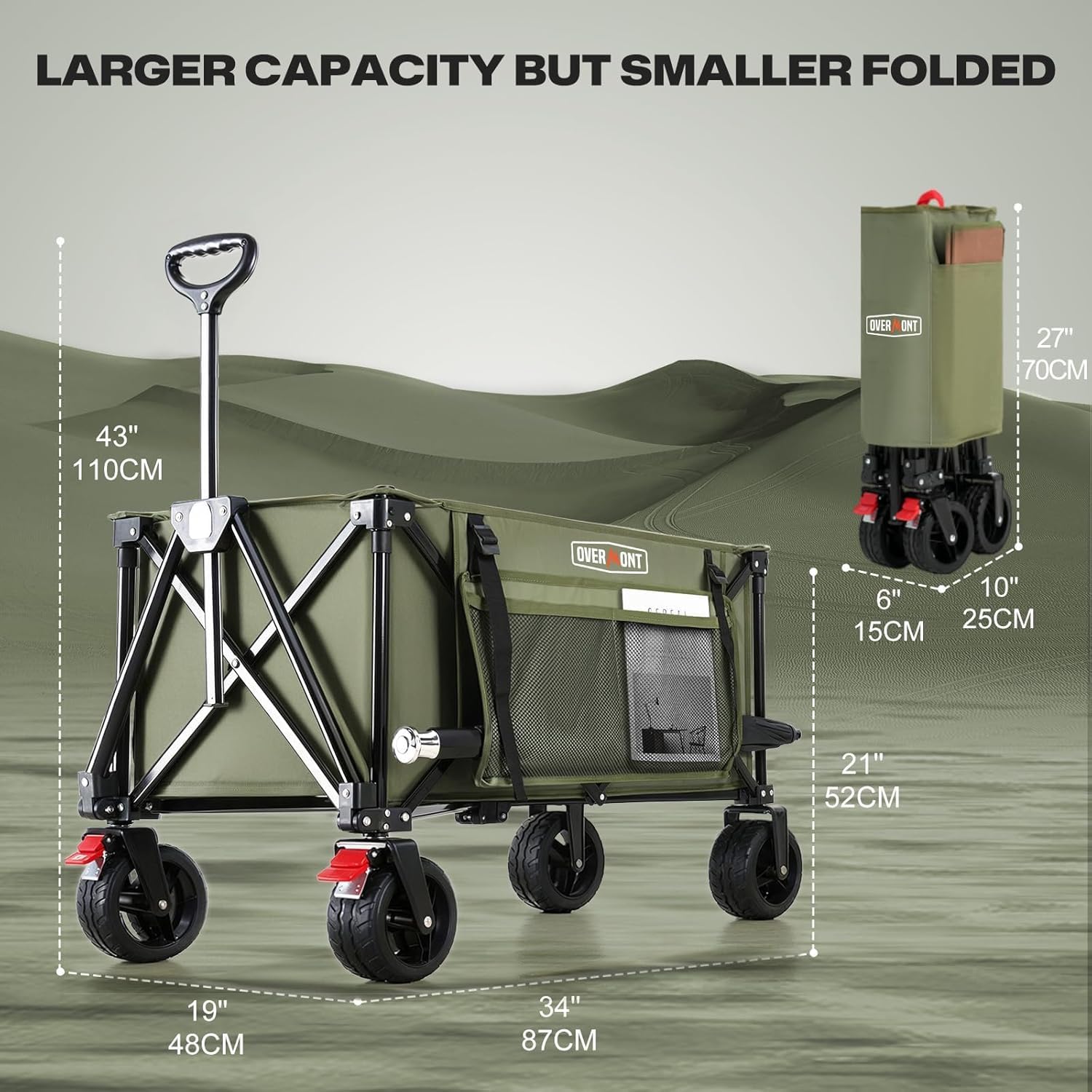 Detalle 2 de Overmont 150kg Festival Camping Trolley on Wheels (Heavy-Duty Folding Beach Wagon Cart) – Green