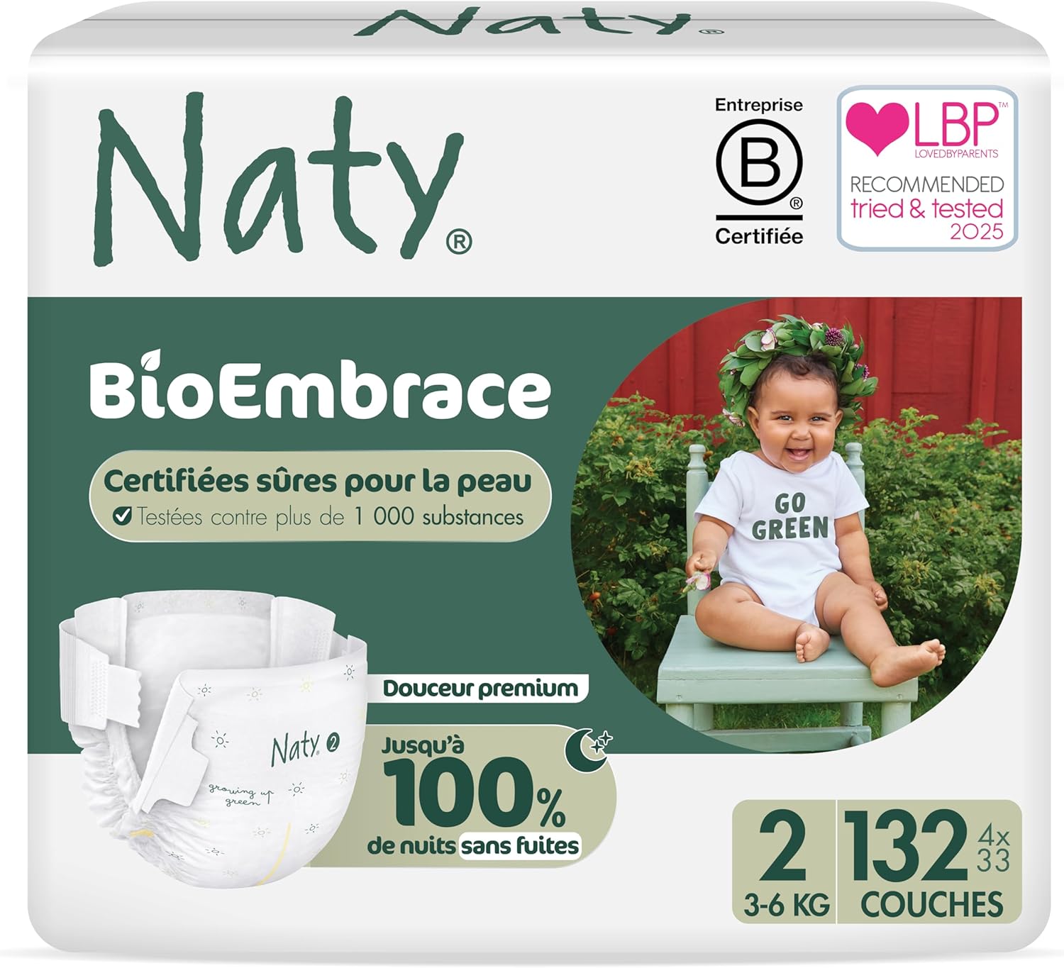 Detalle de Naty BioEmbrace Couches Bébé Nouveau-né – Taille 2 (3–6 kg), 132 unités