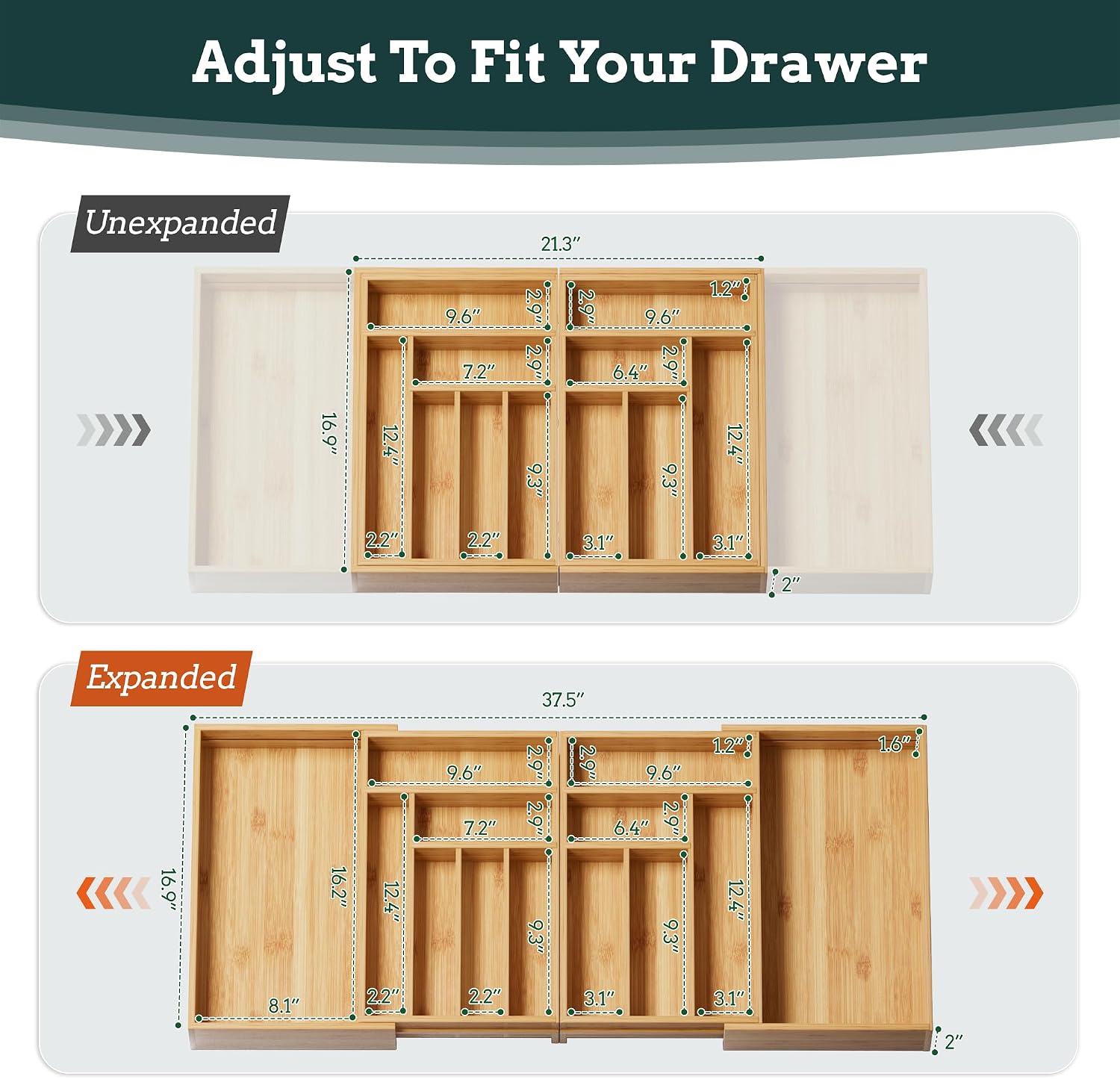 Thumbnail 3 de Silverware Organizer Large: Magnetic, Expandable Bamboo Silverware Drawer Organizer (21.3"–37.5" Wide)