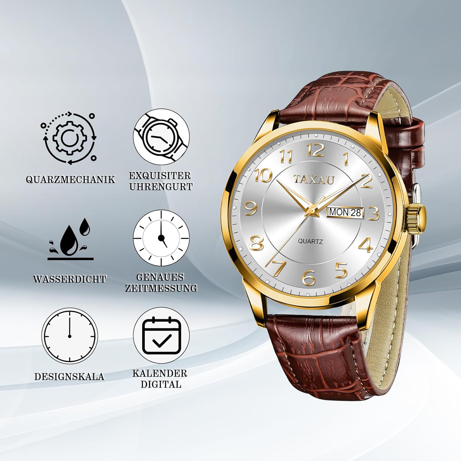 Detalle de Taxau Herren Armbanduhr Chronograph, wasserdicht, Lederband, Datum – Leuchtendes Zifferblatt