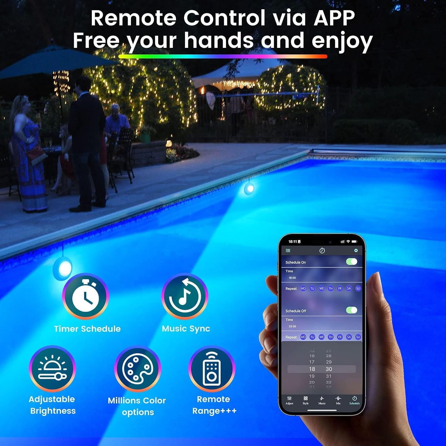 Detalle de LyLmLe 20W Éclairage Piscine LED sans fil : lumière submersible 12V avec APP, contrôle dimmable et fixation magnétique