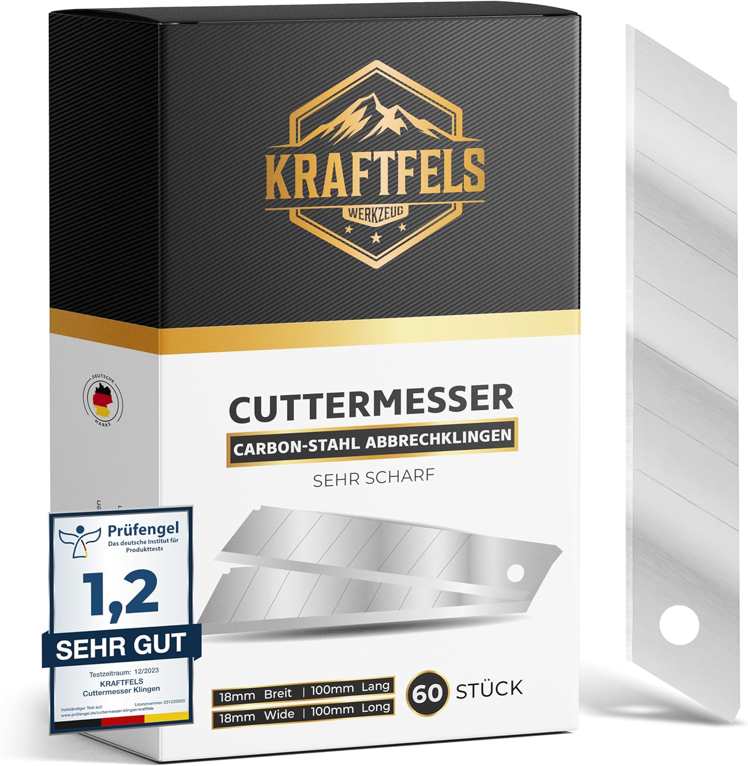 KRAFTFELS 60x Cuttermesser Klingen 18 mm SK5 – Universell kompatible, ultra scharfe Ersatzklingen mit Rostschutz