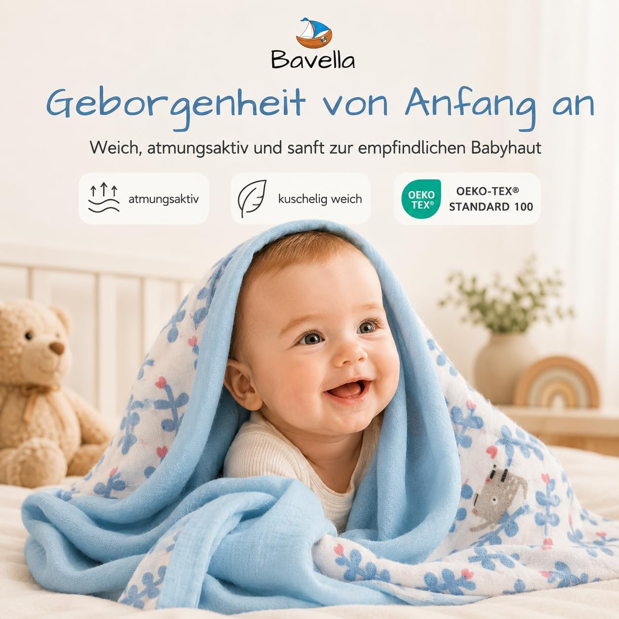 Detalle de Bavella 2er Set XXL Musselin Baby Decke & Tuch 120x120 cm – ÖKO-TEX zertifiziert, 100% Baumwolle