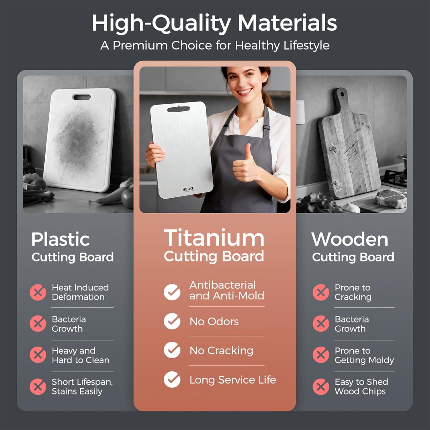 Thumbnail 3 de HEIAT Titanium Cutting Board Set of 3 (100% Pure Titanium) — Double-Sided Boards, Handles Included