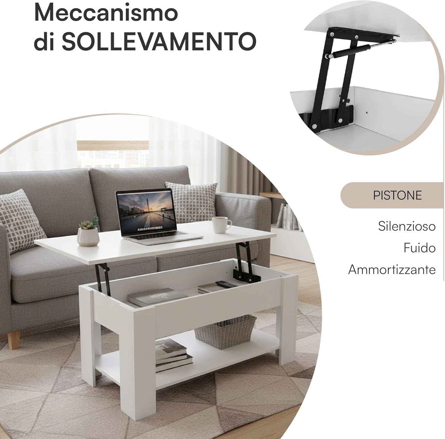 Detalle de Baroni Home Tavolino da Caffè con Piano Sollevabile e Contenitore Interno – bianco, 100x40x41,5 cm