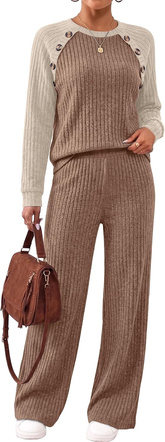 Detalle de WIHOLL Women's Ribbed Knit Lounge Set with Button-Shoulder Sweater