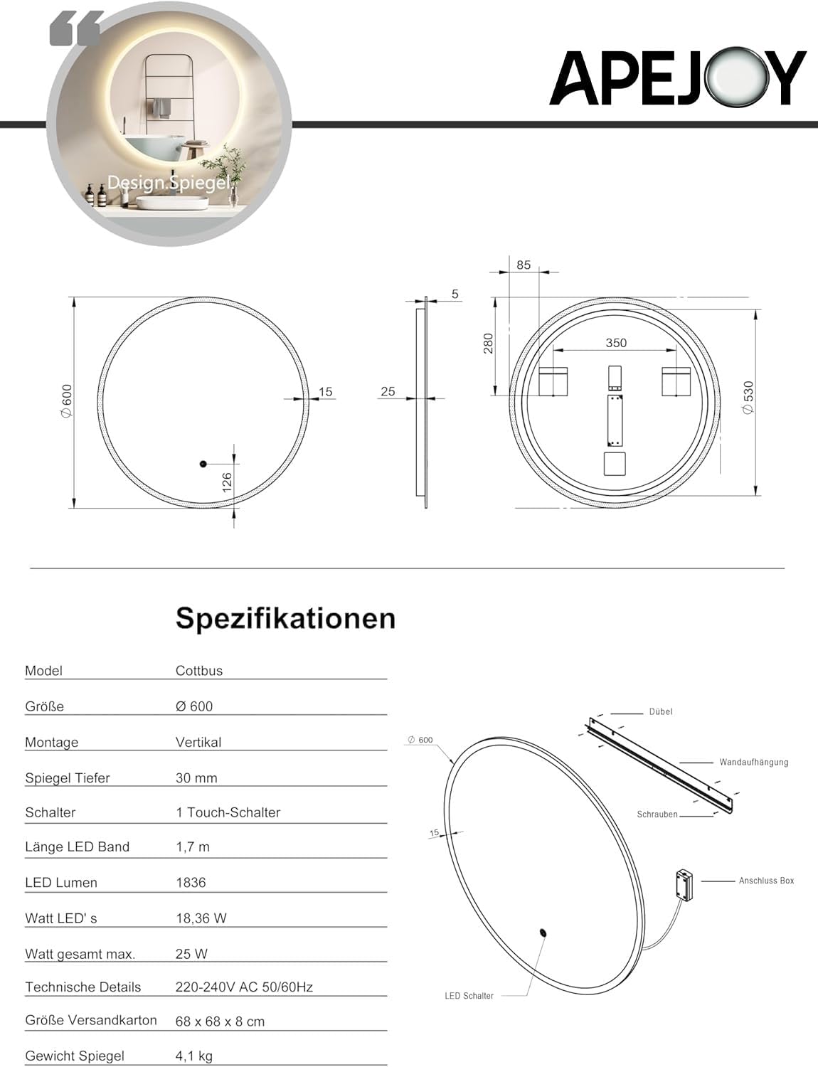 Thumbnail 6 de ApeJoy specchio da bagno rotondo LED 60 cm con illuminazione, anti-appannamento e touch