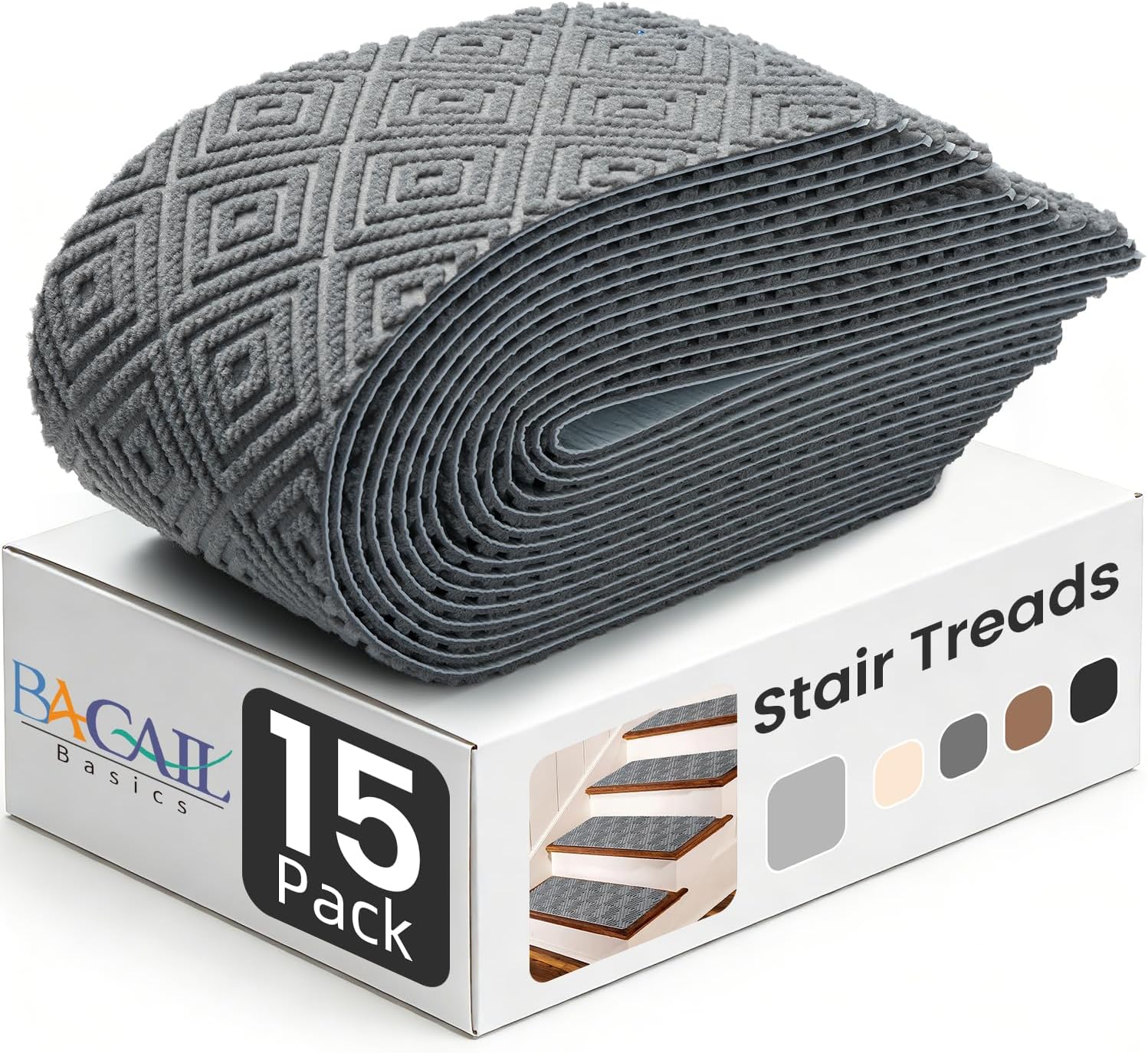 Detalle de BAGAIL BASICS 15-Pack Non-Slip Stair Treads, 8" x 30", Light Gray