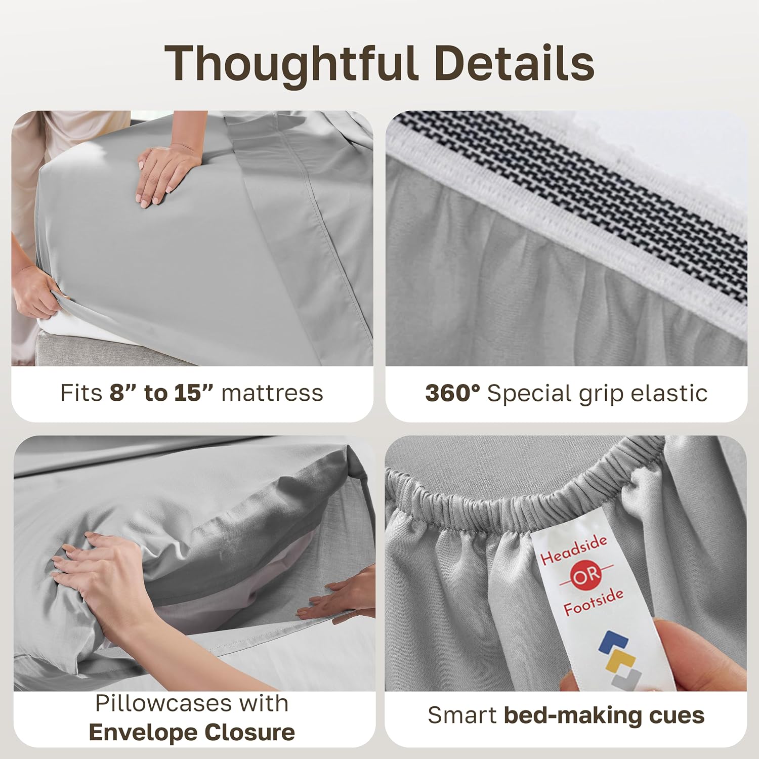 Detalle de California Design Den Pack of 2 Full Size Organic Cotton Percale Bed Sheets Set in Light Grey