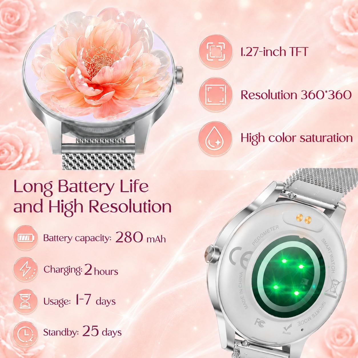 Detalle de Smart Watch Fitness Tracker Women: 1.27'' HD Screen, Calls, Health Monitoring & 114 Sports Modes