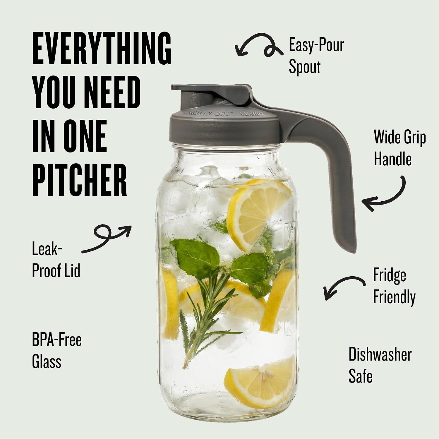 Detalle de County Line Kitchen Glass Mason Jar Pitcher with Lid (Wide Mouth, 2 Quart / 64 oz) – Leak Proof Cold Brew & Sun Tea Pitcher, Gray
