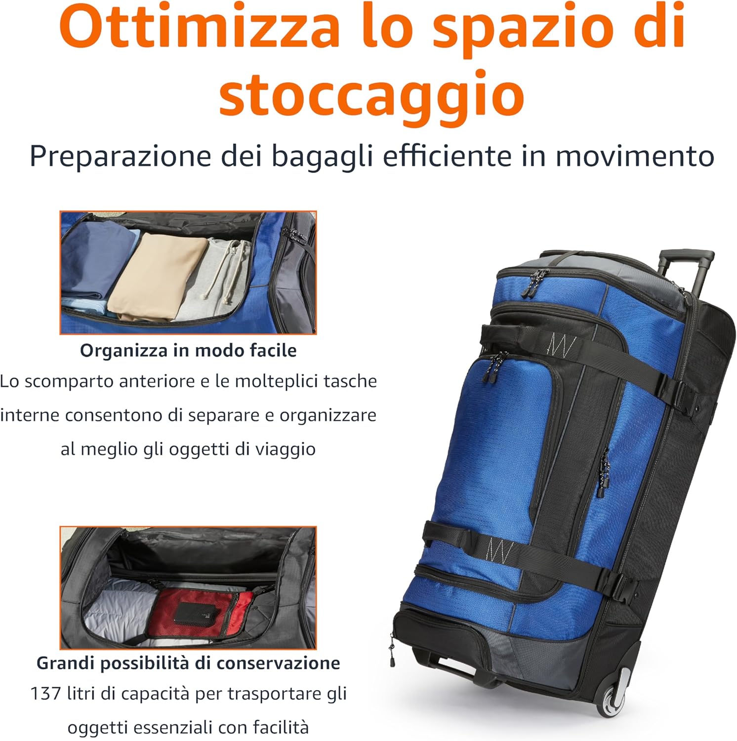 Detalle de Amazon Basics Borsone da Viaggio con Ruote da 137 L: ampia capacità, durevolezza e praticità