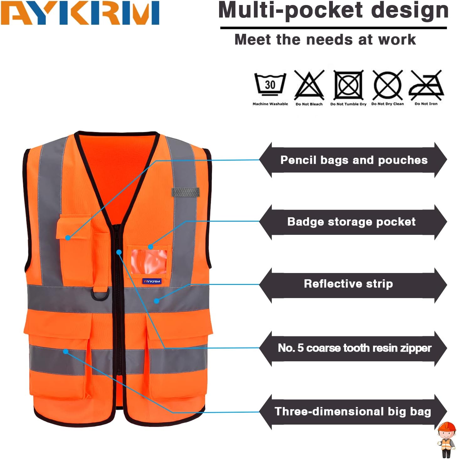 Thumbnail 3 de AYKRM 21 Farben Sicherheitsweste mit Reflektorstreifen, Reißverschluss und Taschen (Warnschutz)