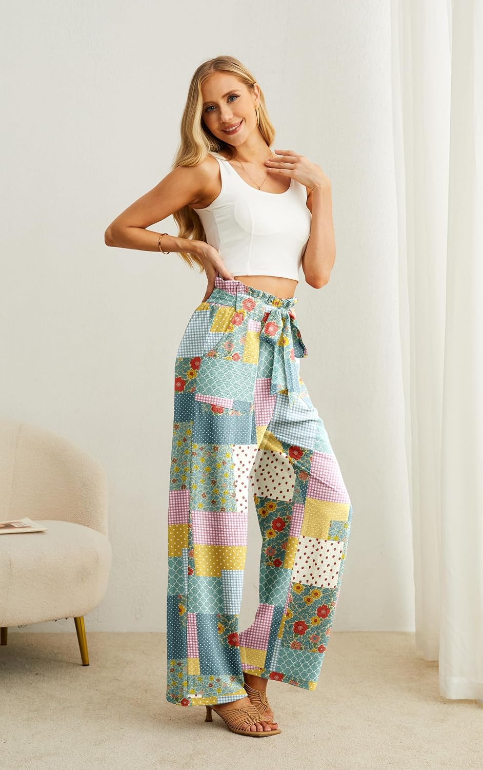 Detalle de IWOLLENCE Women High Waist Palazzo Pants: Adjustable Knot, Deep Pockets, Lightweight Sit-Through-Free Comfort