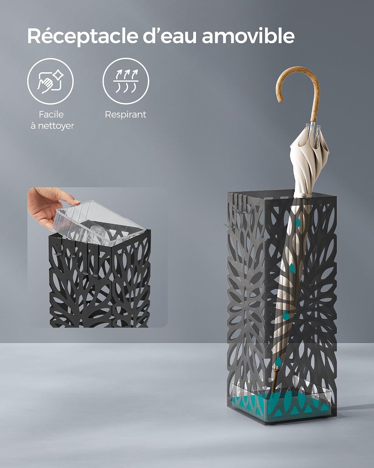 Detalle 2 de SONGMICS LUC026B33 : porte-parapluies sur pied en acier avec réceptacle d’eau amovible