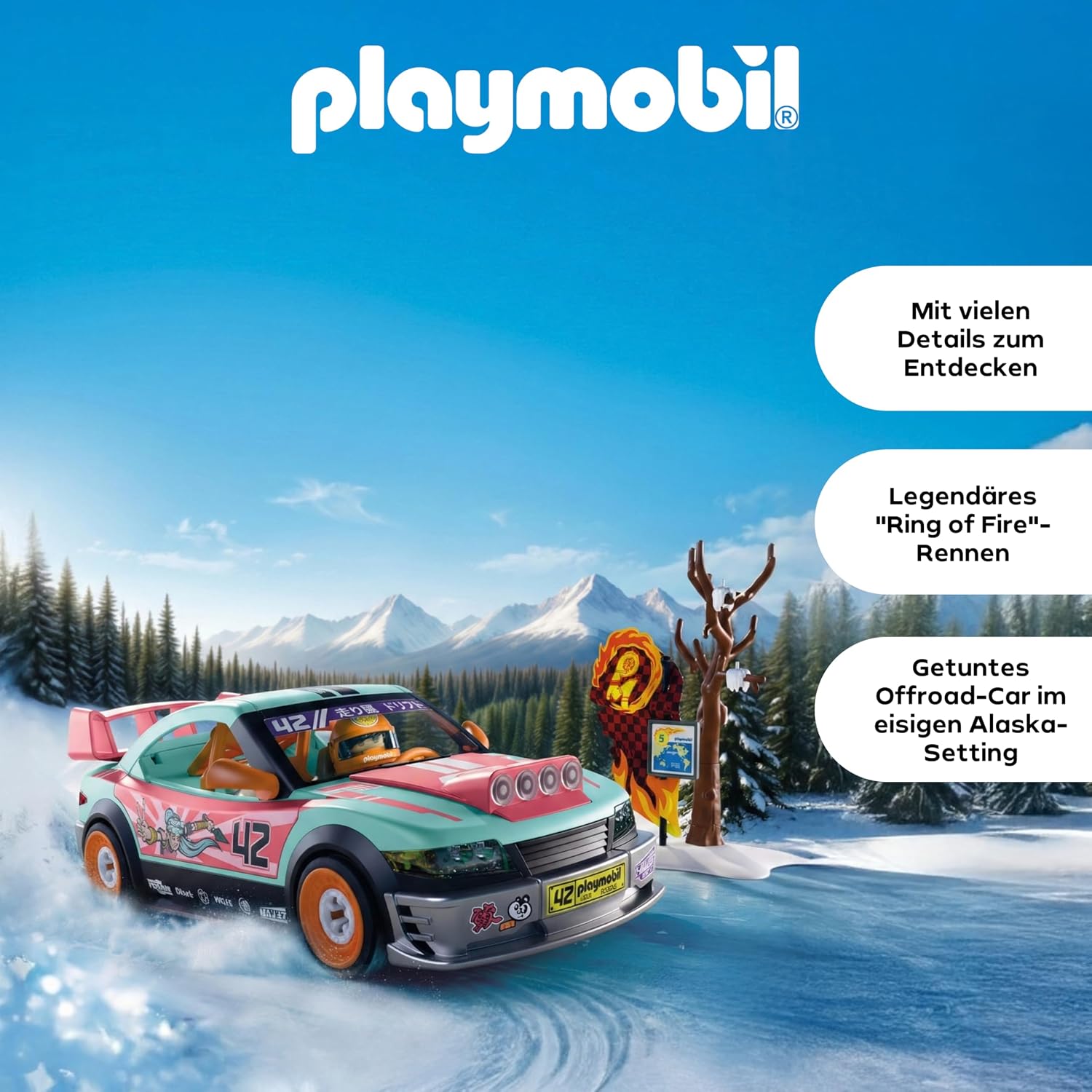 Detalle de PLAYMOBIL Cars Offroad Tuningcar 72062 – Tuning-Auto mit Rammbock, Schnee-Kulisse und Werkzeugkasten