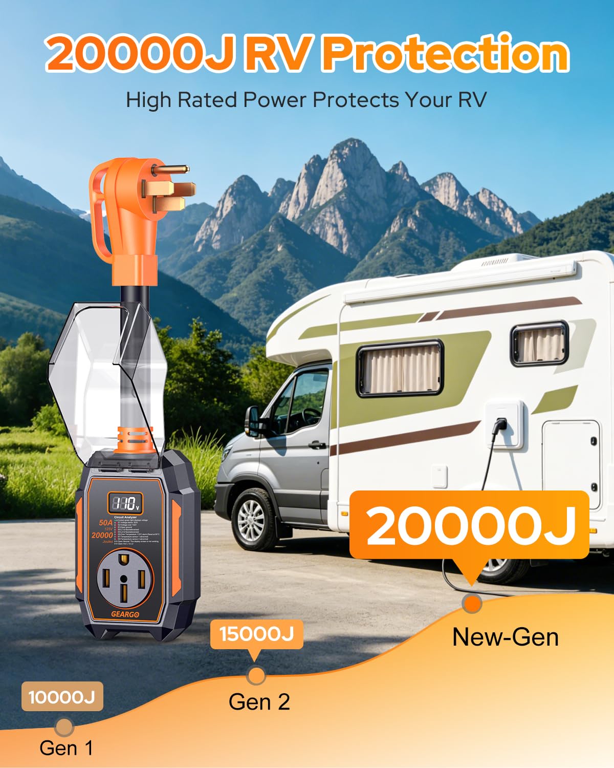 Detalle de GEARGO 2026 Smart RV Surge Protector 50 Amp with 20,000J: Real-Time Diagnostics for Safer Campouts