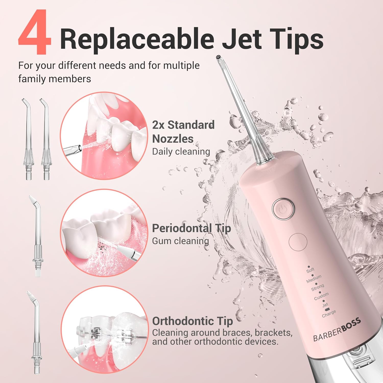 Detalle de BarberBoss Idropulsore Dentale: irrigatore orale wireless con 5 modalità e serbatoio da 340 ml – Rosa Pastello