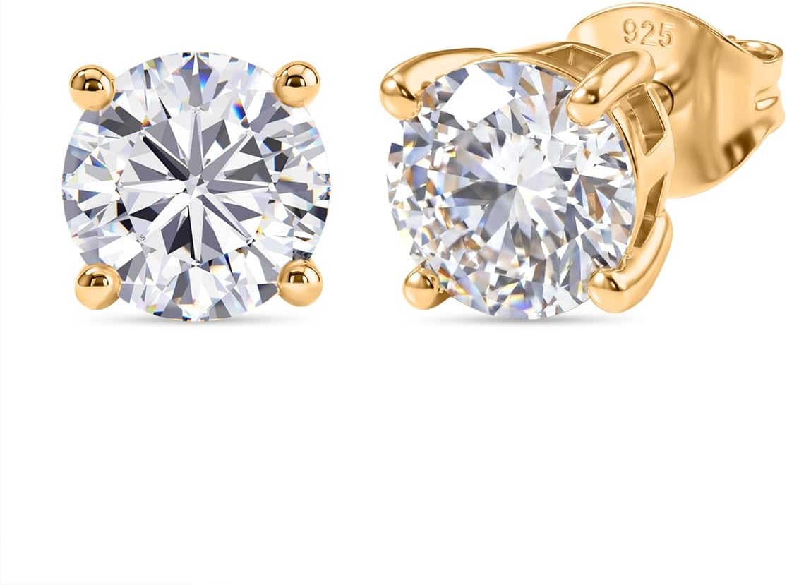 TJC Moissanite Solitaire Stud Earrings – 7mm Lab-Created Diamond, 925 Sterling Silver with Gold Plating