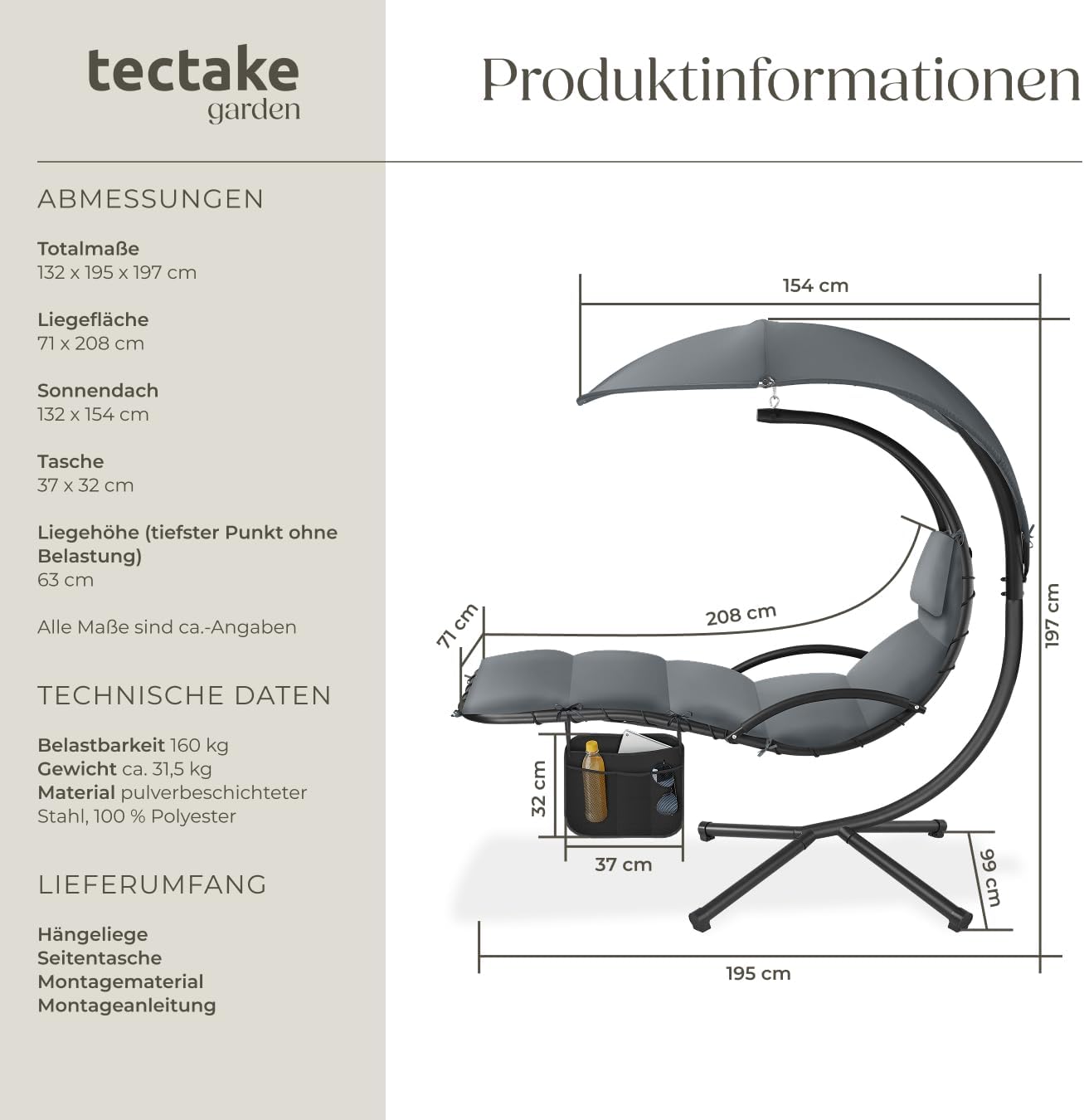 Detalle de tectake® Hängeliege mit Gestell – Schwebeliege mit Sonnendach, Polsterauflage und Tasche