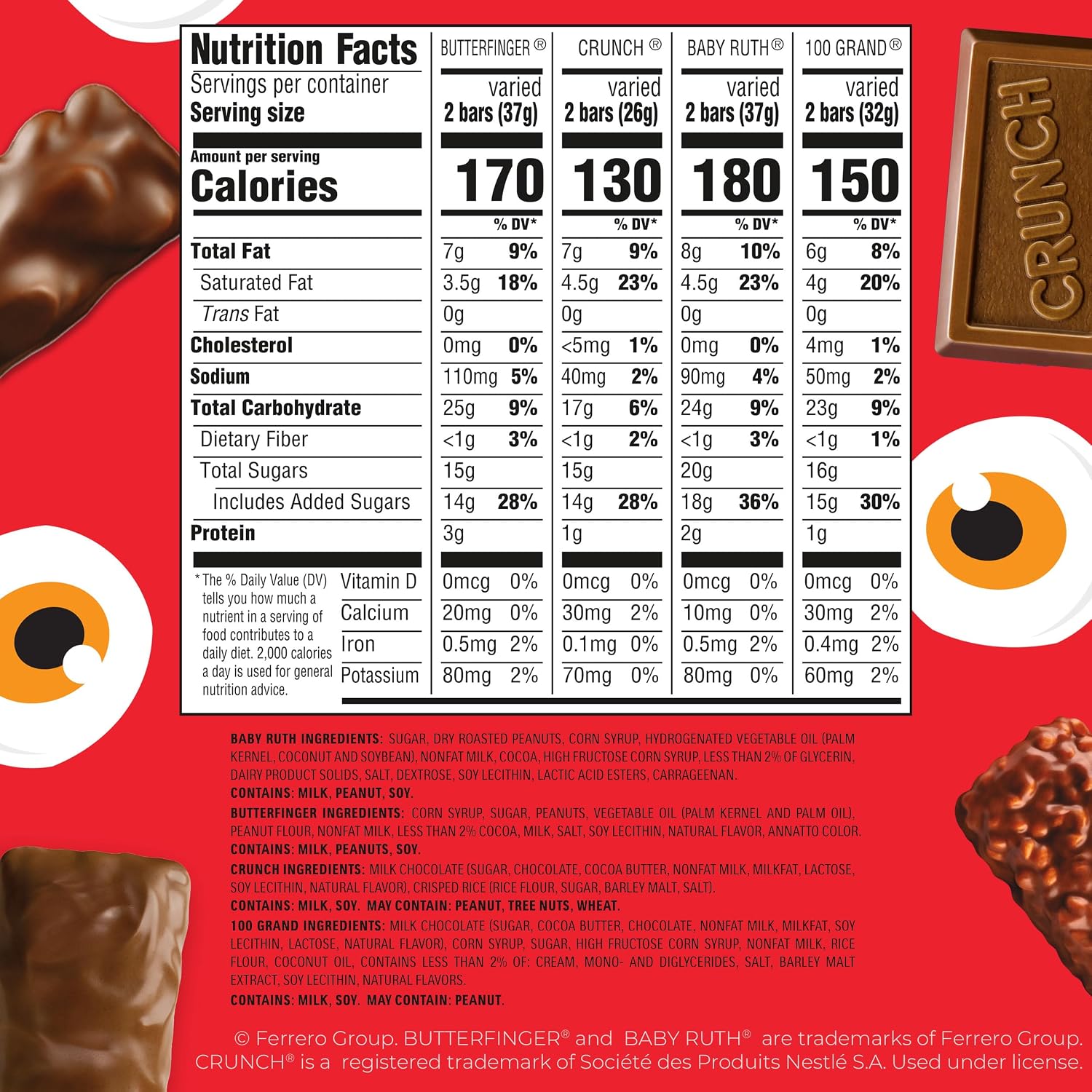 Detalle 2 de Butterfinger, CRUNCH, Baby Ruth & 100 Grand Halloween Candy Variety Pack, 50 Count