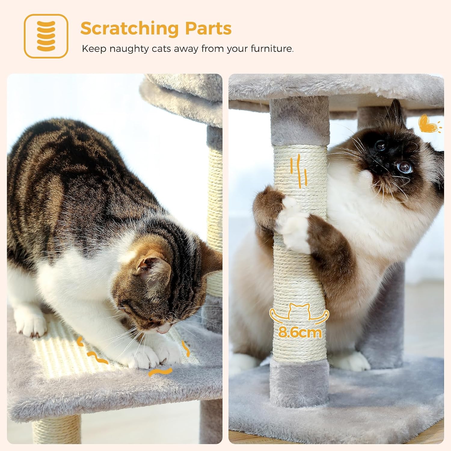 Thumbnail 2 de PAWZ Road Small Cat Tree (73cm) with Hammock & Top Perch, Indoor Activity Tower for Cats, Grey