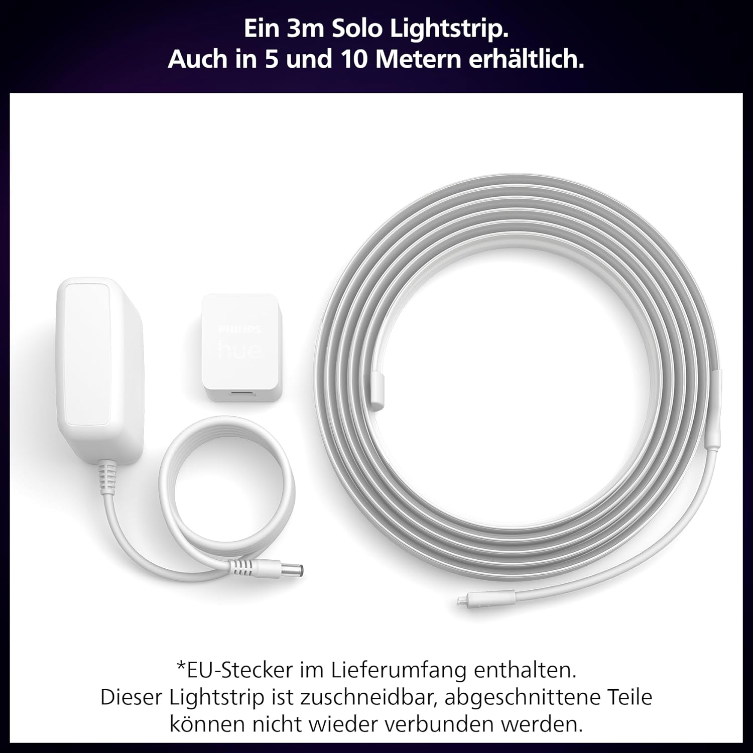 Thumbnail 1 de Philips Hue Indoor 3m Lightstrip Solo: Indirekte Beleuchtung per App, kompatibel mit gängigen Assistenten