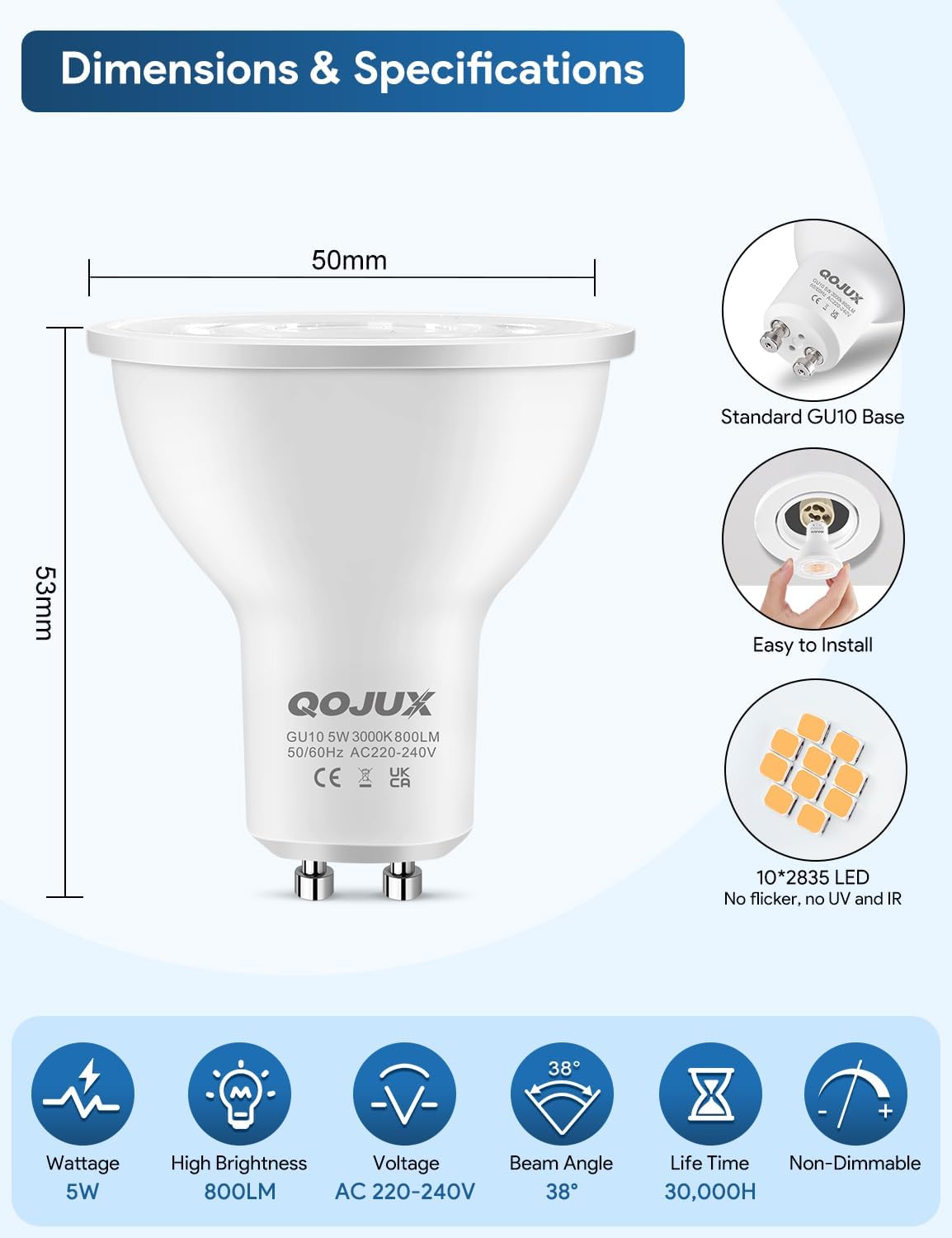Thumbnail 5 de QOJUX GU10 LED Warmweiß 5 W (800 lm) – 3000 K, 38° Abstrahlwinkel, nicht dimmbar, 6er-Set