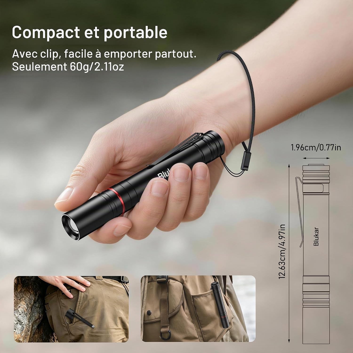 Detalle de Blukar K9171 mini-zaklamp, oplaadbaar, 4 lichtstanden en zoomfunctie