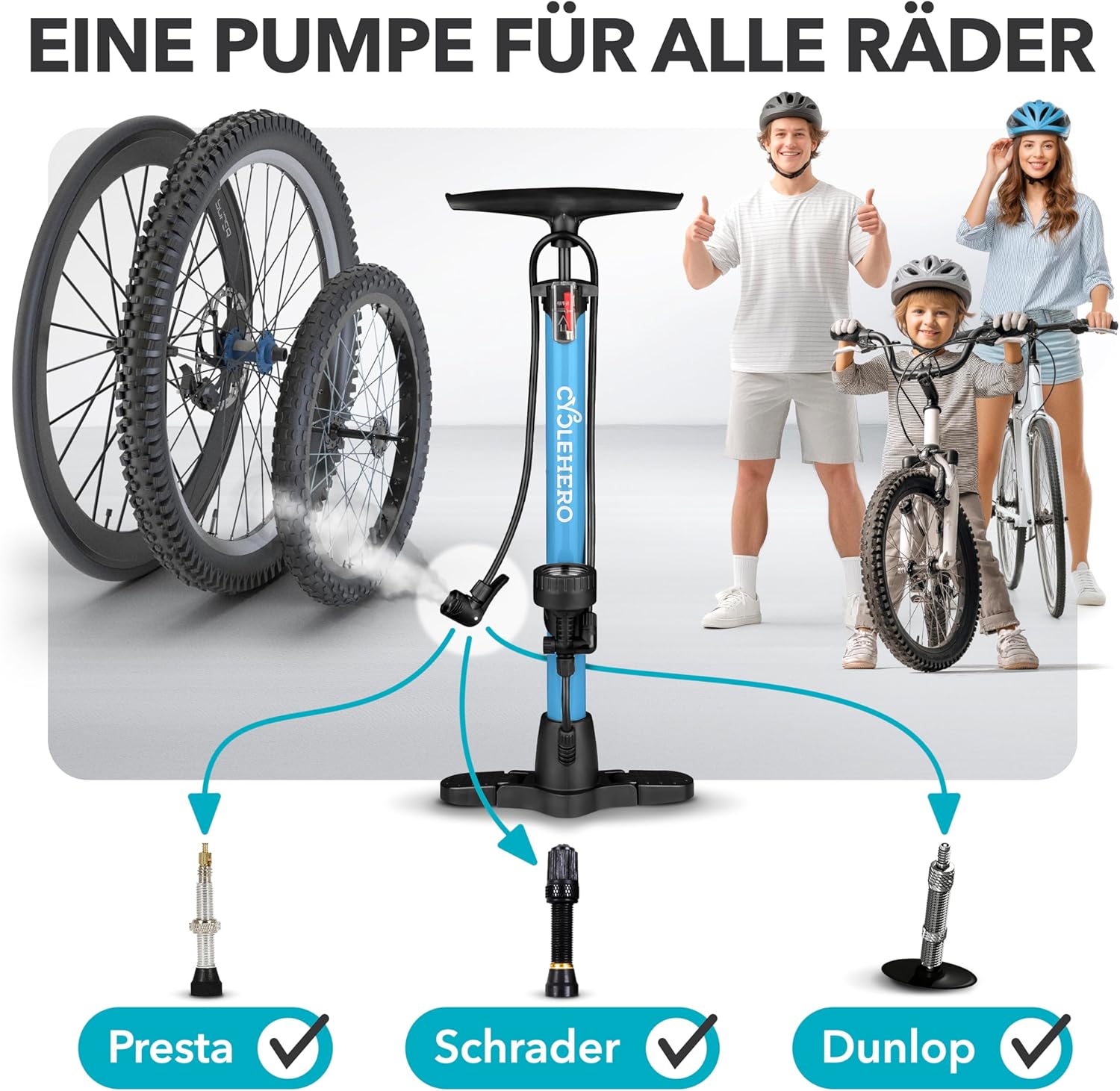 Thumbnail 2 de Fahrradpumpe alle Ventile: CycleHero Standpumpe mit Manometer – 160 PSI, 10 Jahre Garantie