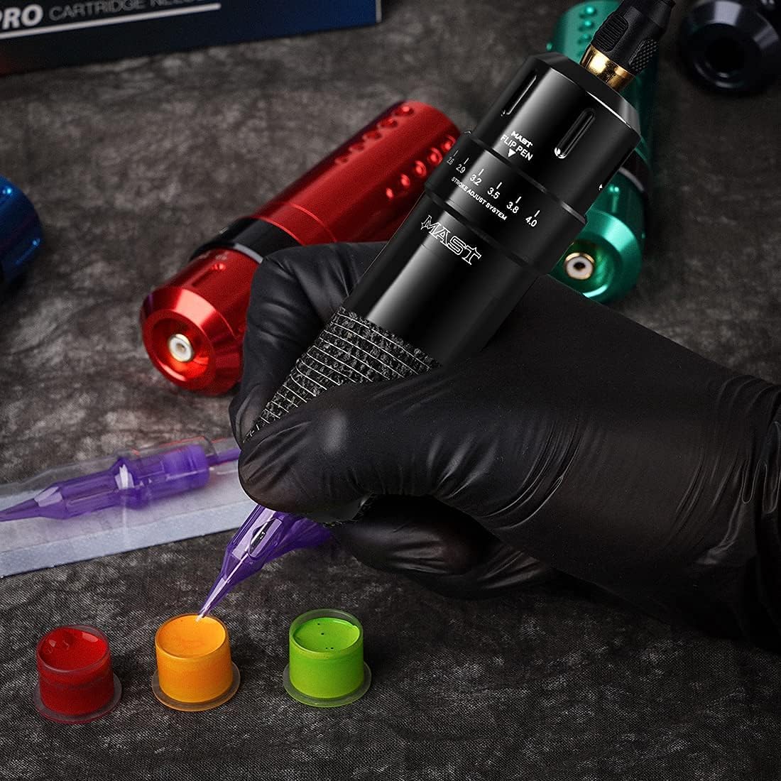 Detalle 2 de Mast Flip Wireless Tattoo Pen Rotationsmaschine inkl. Kit – mit 6 Hubweglängen