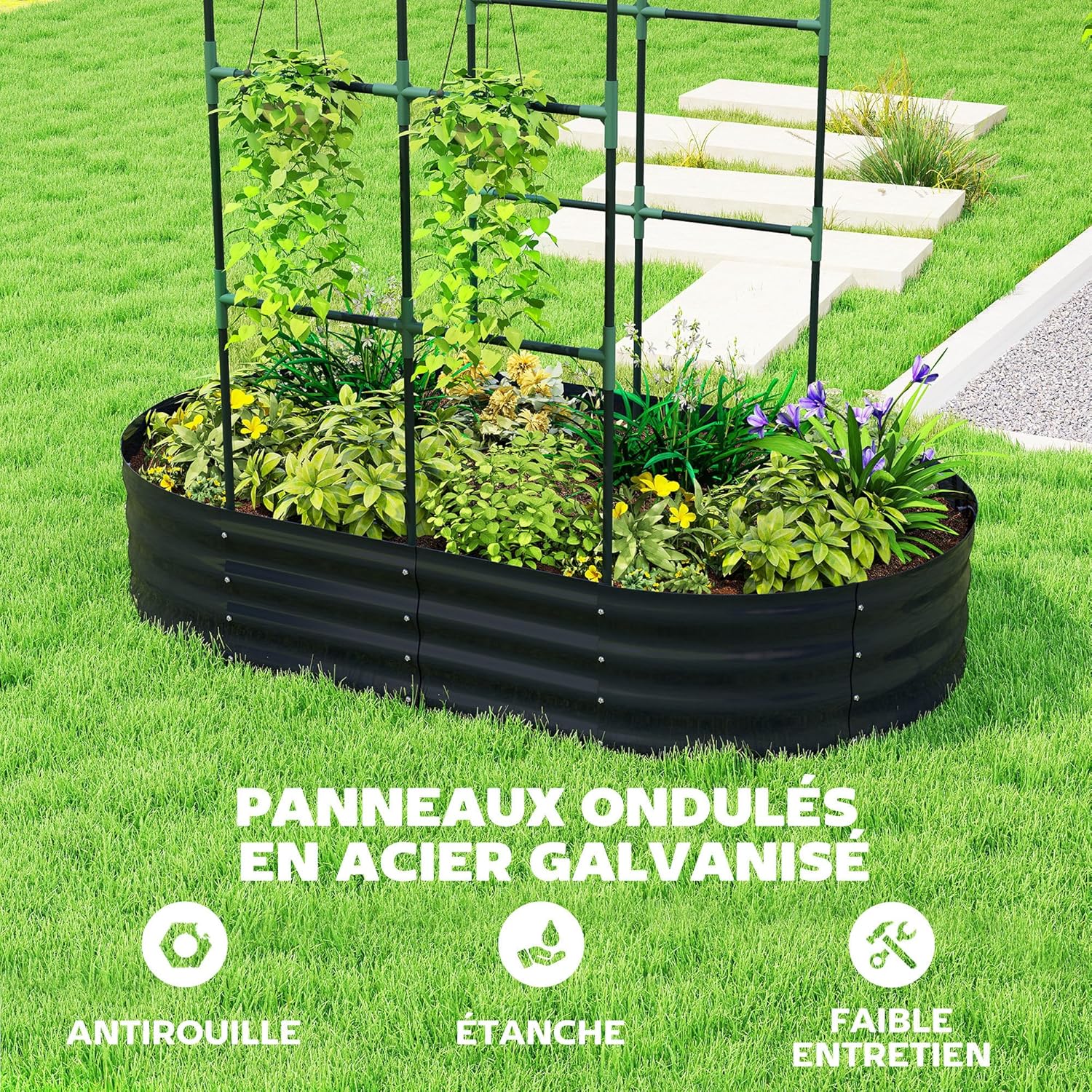Thumbnail 4 de Outsunny Jardinière surélevée avec Treillis arqué – 425 L, cadre galvanisé, 160x90x180 cm, gris foncé