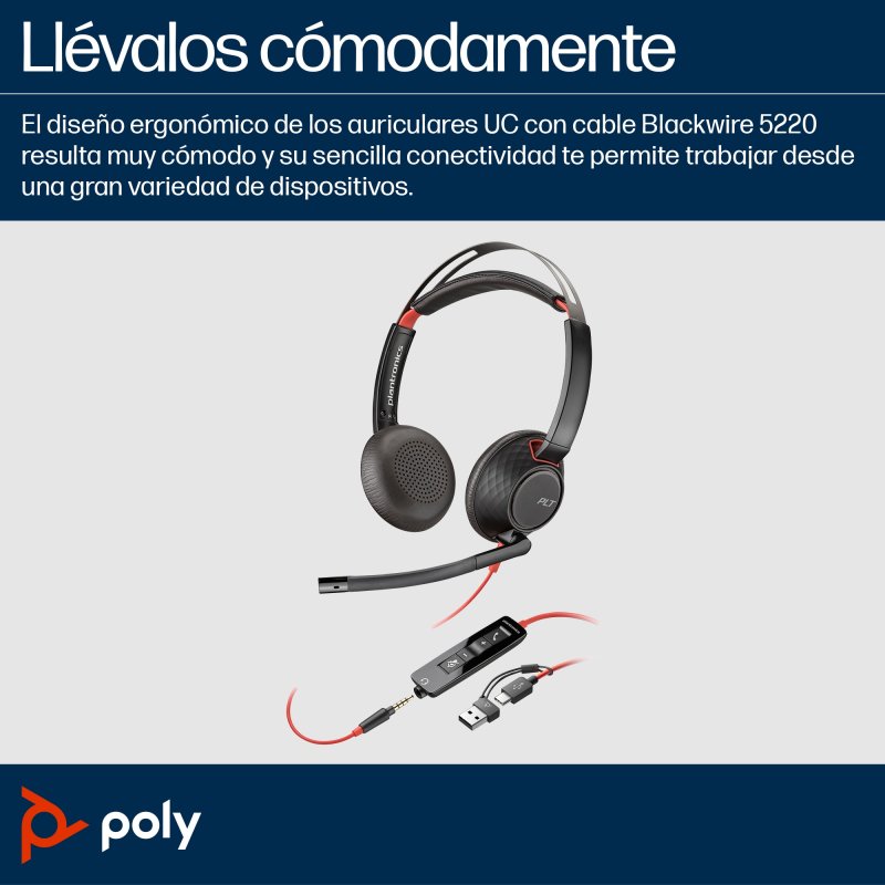 Thumbnail 2 de Poly Blackwire 5220 Auriculares USB-C Stereo con Conector 3.5mm