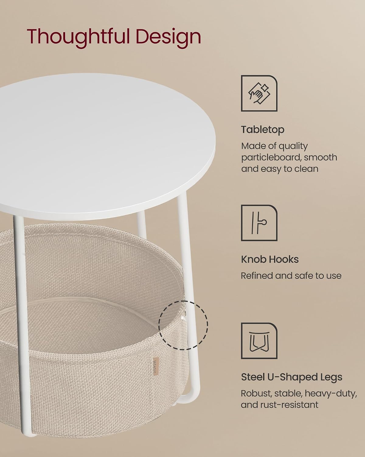 Detalle 1 de VASAGLE ULET223W10 LILEA Round Side Table with Fabric Basket, Matte White