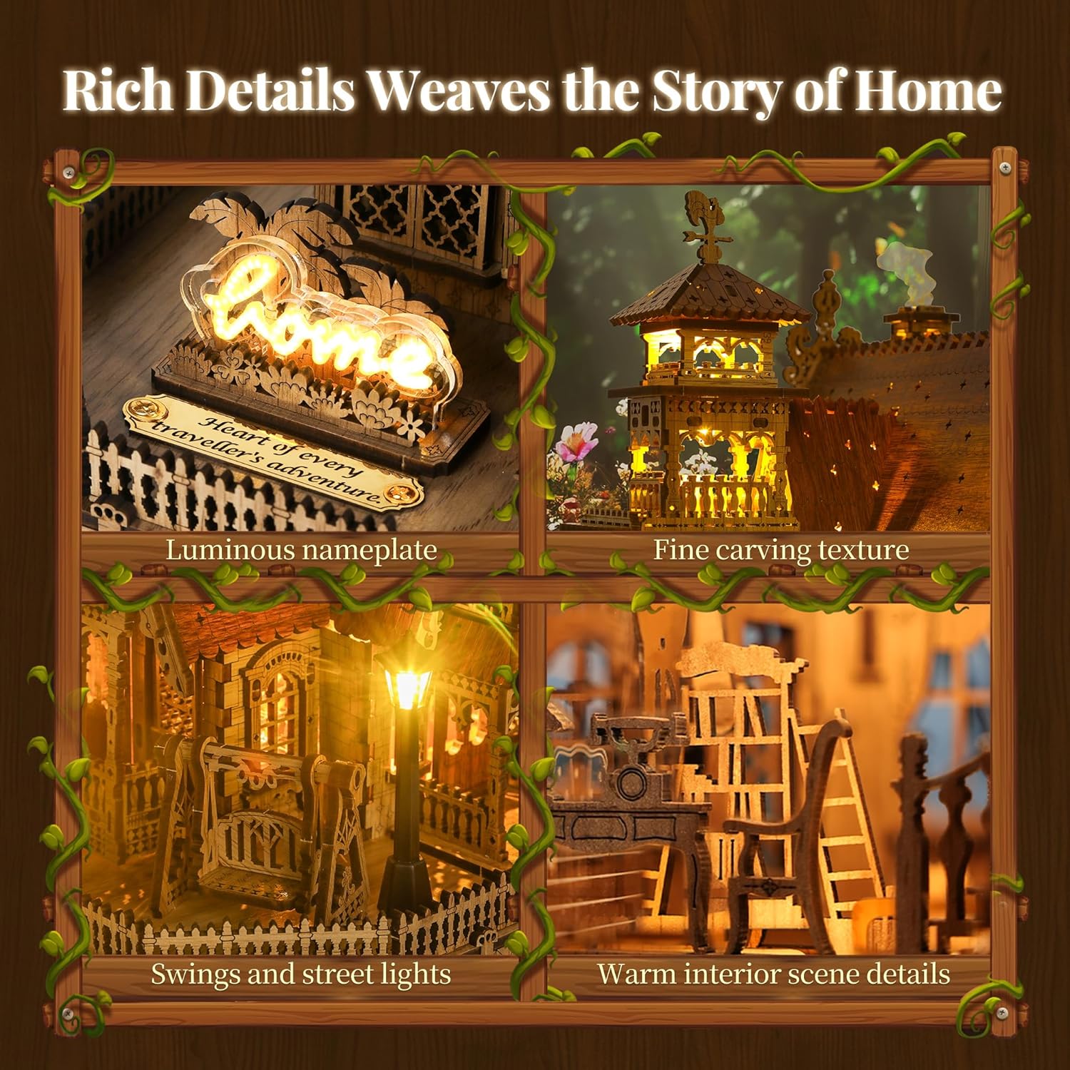 Thumbnail 2 de FUNPOLA 3D Wood Puzzle Countryside Cottage DIY Miniature Building Kit with Spark LED Lights (251 Pieces)