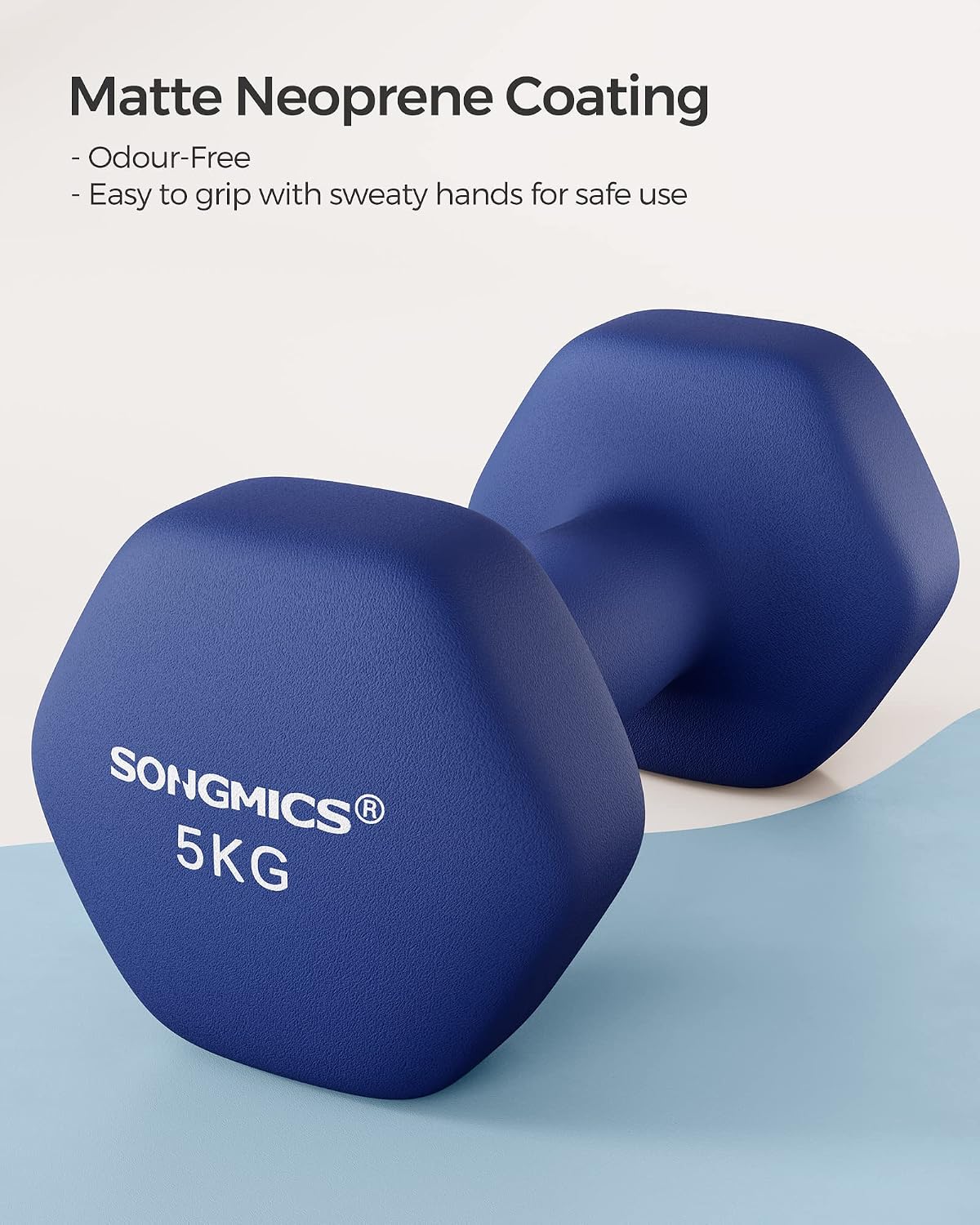 Thumbnail 1 de SONGMICS Hex Dumbbells, 2 x 5 kg, Neoprene-Coated, Port Blue