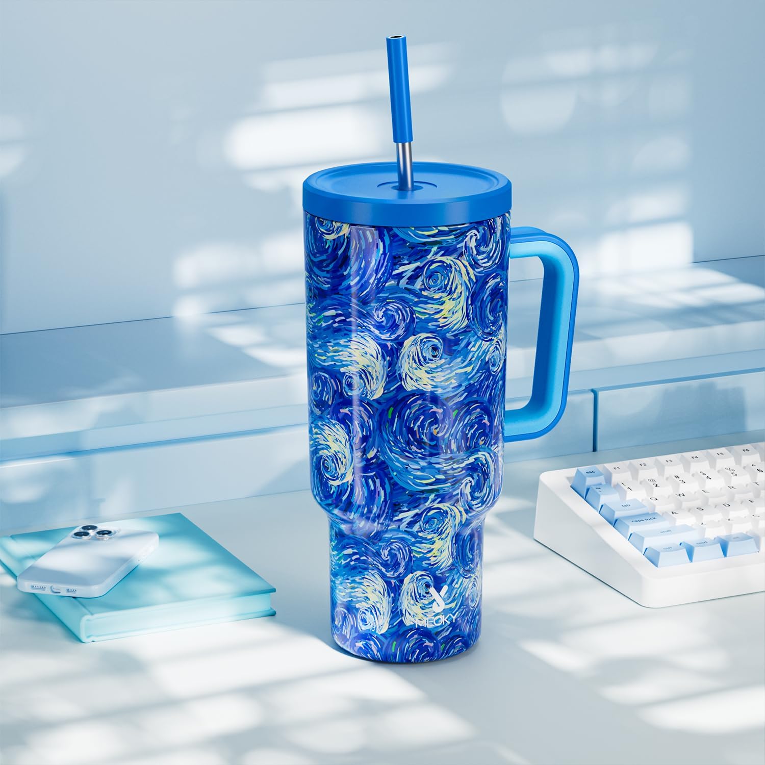Thumbnail 6 de Meoky 40 oz Tumbler with Handle and Straw (Van Gogh) — Insulated, Leakproof Cup for Car Holders