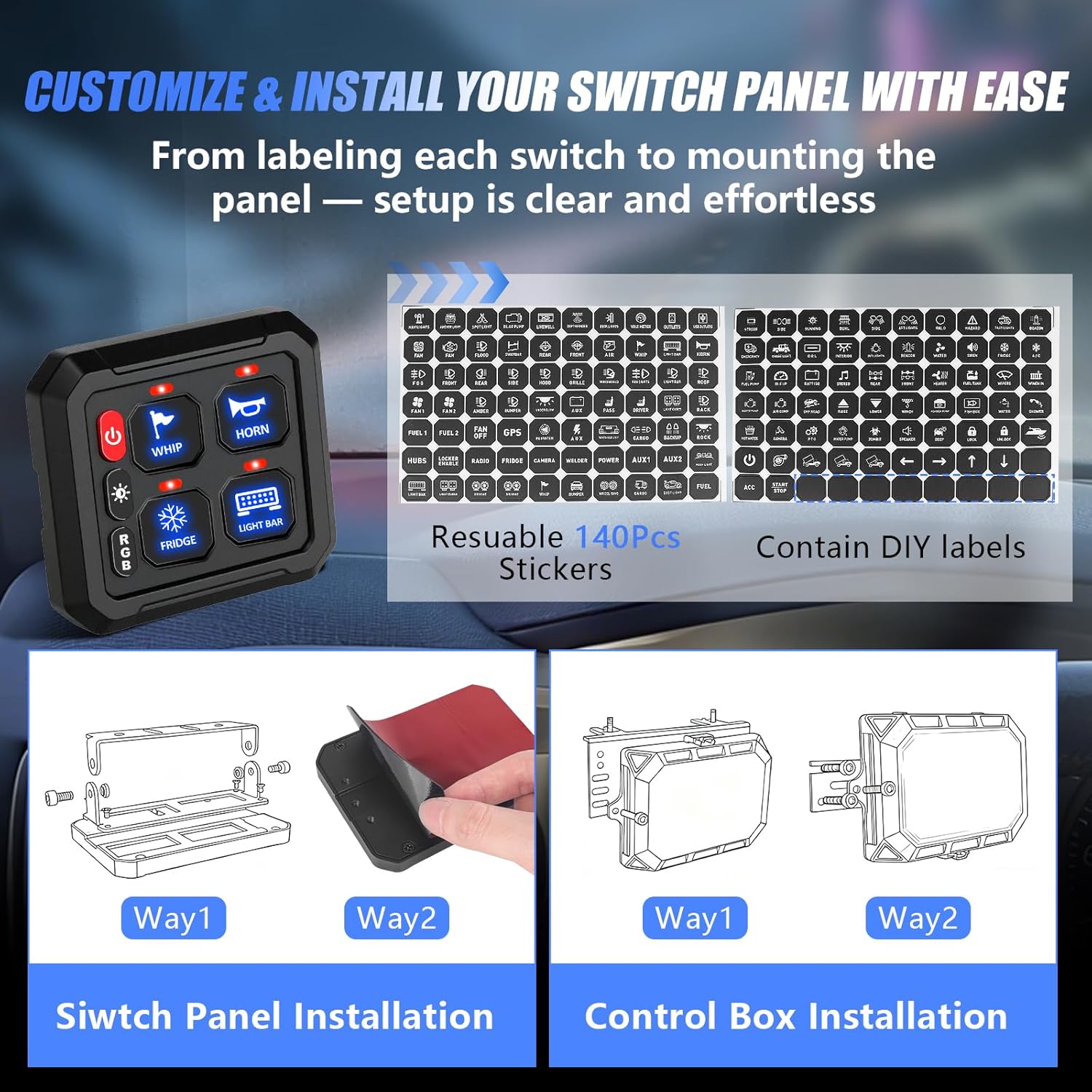 Thumbnail 5 de Chelhead 4-Gang RGB Switch Panel (12V/24V) with Relay Control Box for Camper, Car, ATV & Marine Use