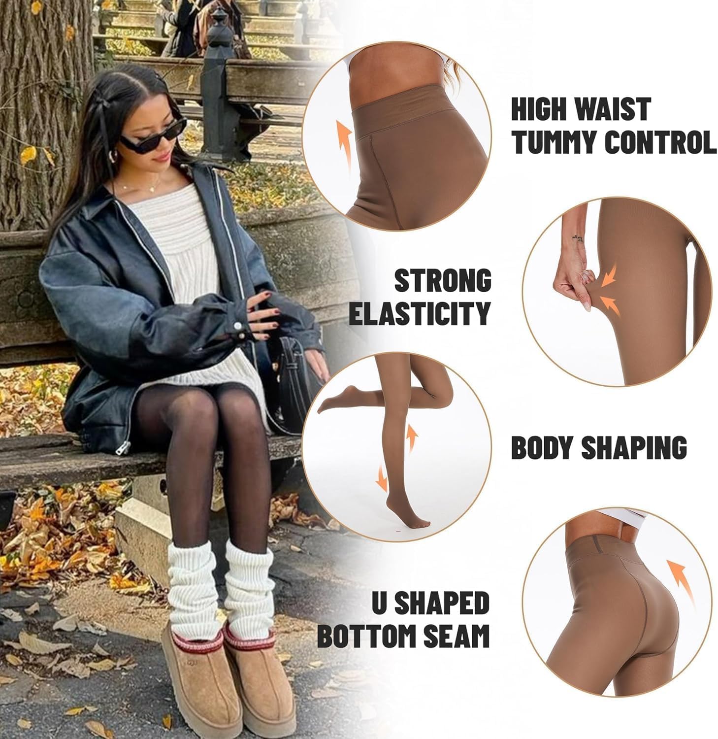 Detalle de CAMPSNAIL Fleece-Lined Thermal Tights for Women, High-Waisted Sheer-Look
