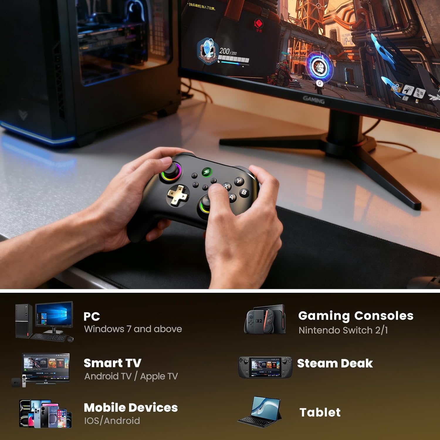 Detalle 2 de HASACOOL PC Controller mit Hall-Effect Joysticks & Ladestation – kabelloser Allrounder für PC, Switch, Android und iOS