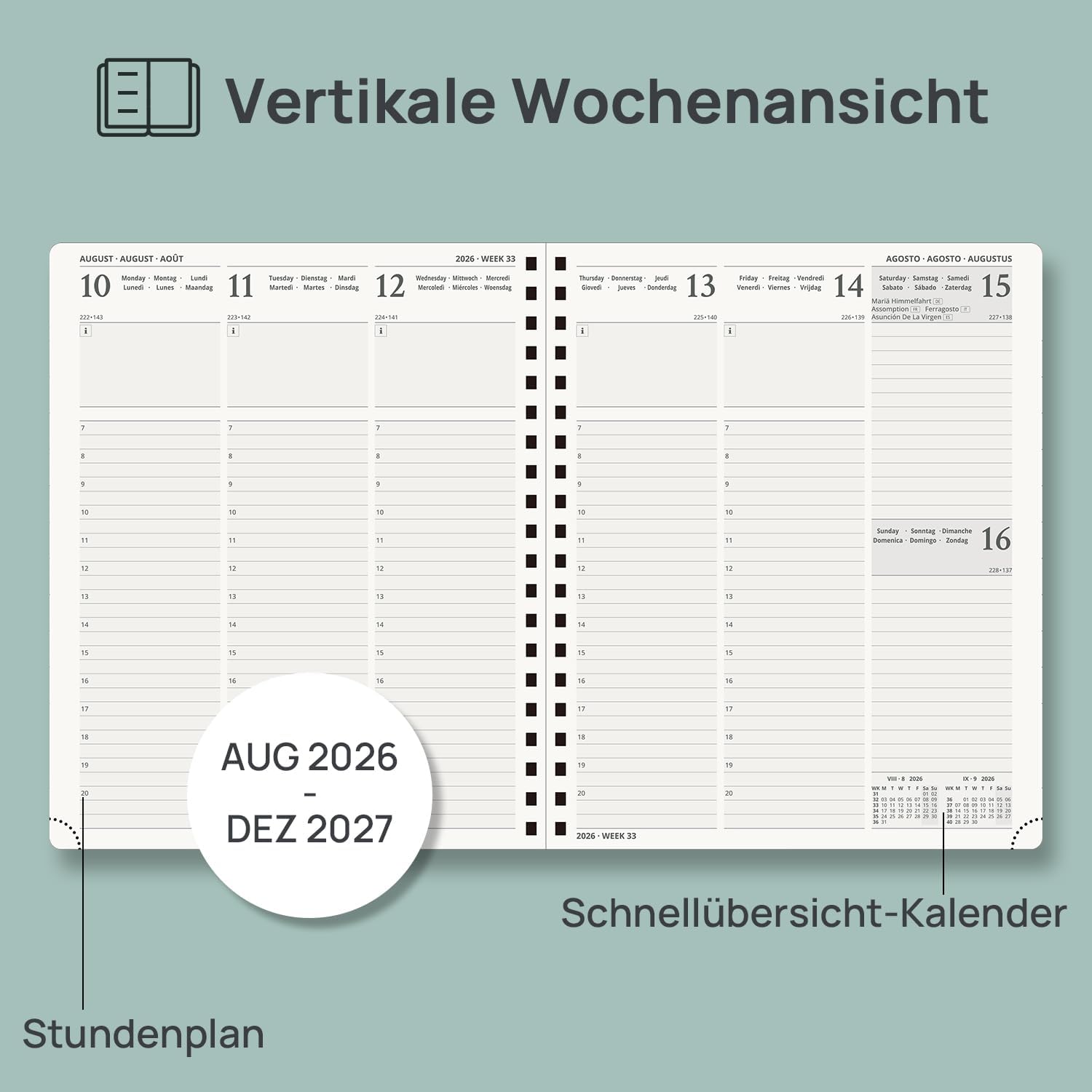 Detalle de POPRUN Kalender 2026/2027 Wochenplaner – Ringbuch mit Softcover, 17 Monate (Aug 2026 – Dez 2027), Pazifikgrün, ca. A4