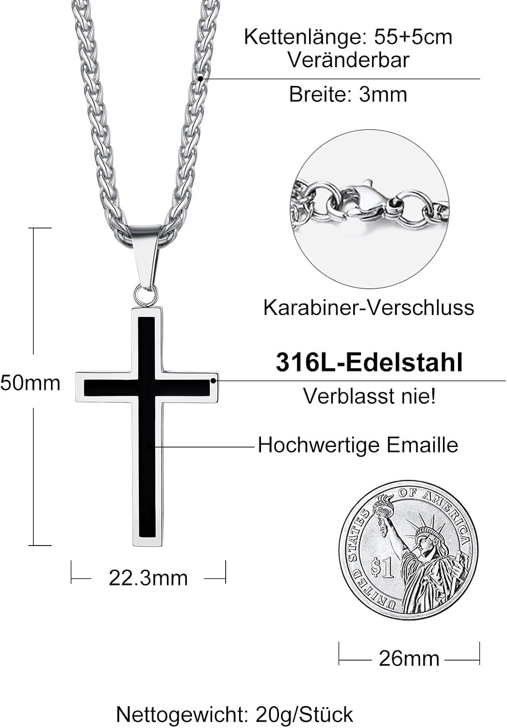 Detalle de Richsteel Kreuz Kette Halskette Herren – verstellbare Edelstahl-Kreuzkette (50+5 cm) Silber/Gold/Schwarz